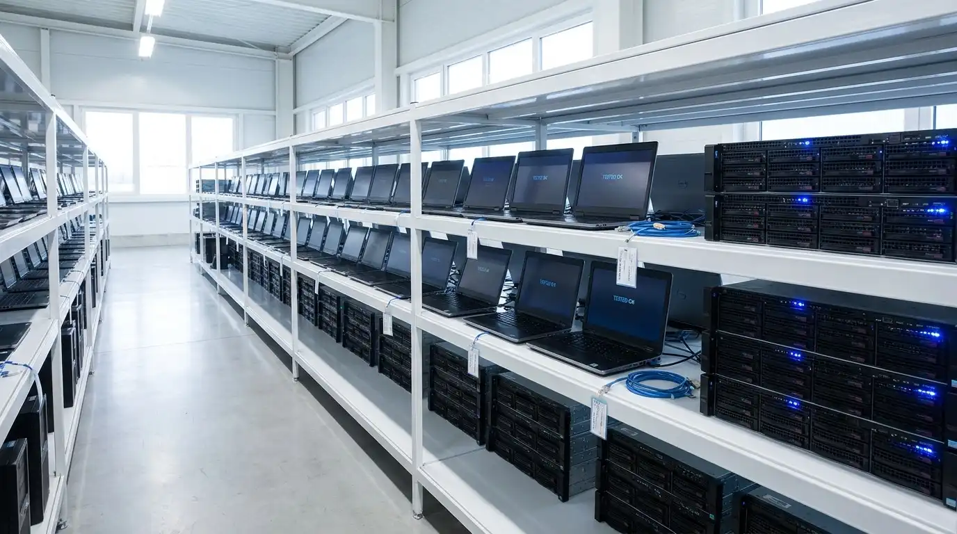 Rows of tested, refurbished enterprise laptops and rack servers lined up on clean shelving, tagged and ready for resale or redeployment.