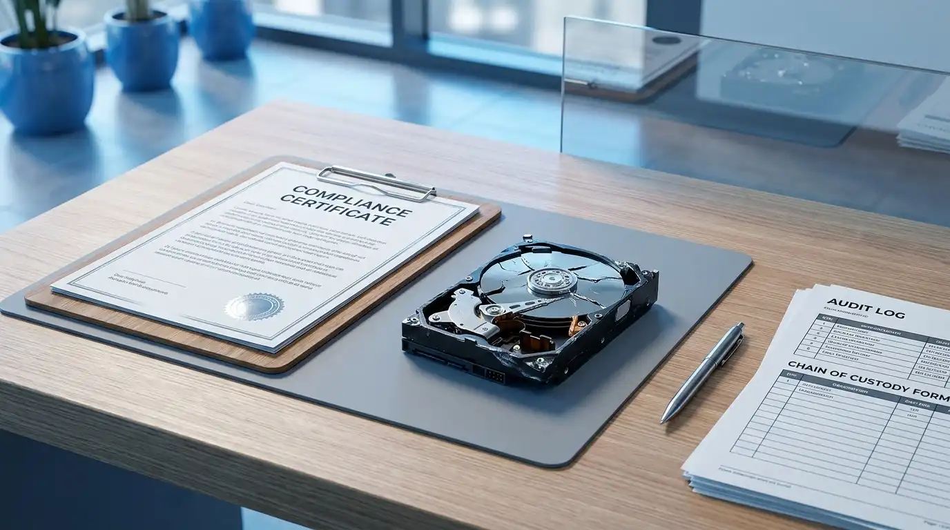 A compliance certificate on a clipboard beside a physically destroyed hard drive and a chain-of-custody audit form on a clean desk.