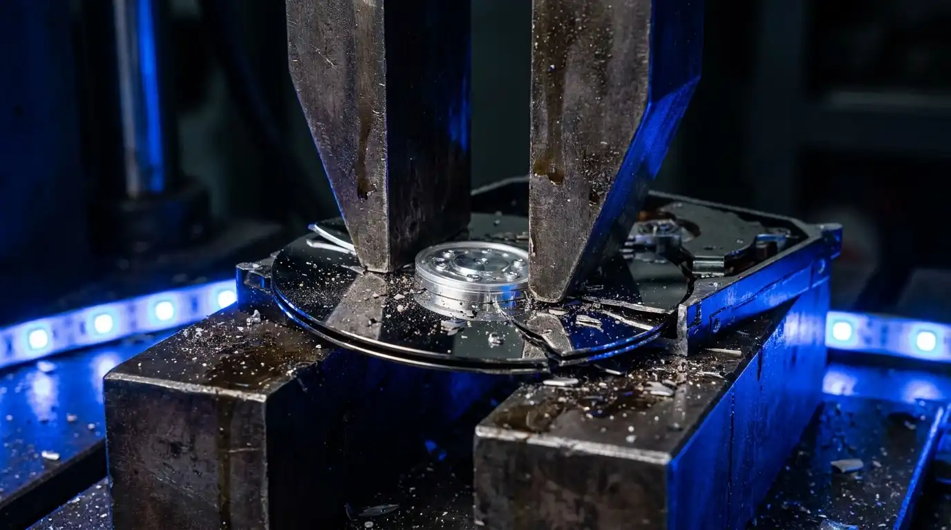 Macro close-up of a hard disk drive physically destroyed for secure data sanitization, bent and crushed platters under royal-blue rim light.