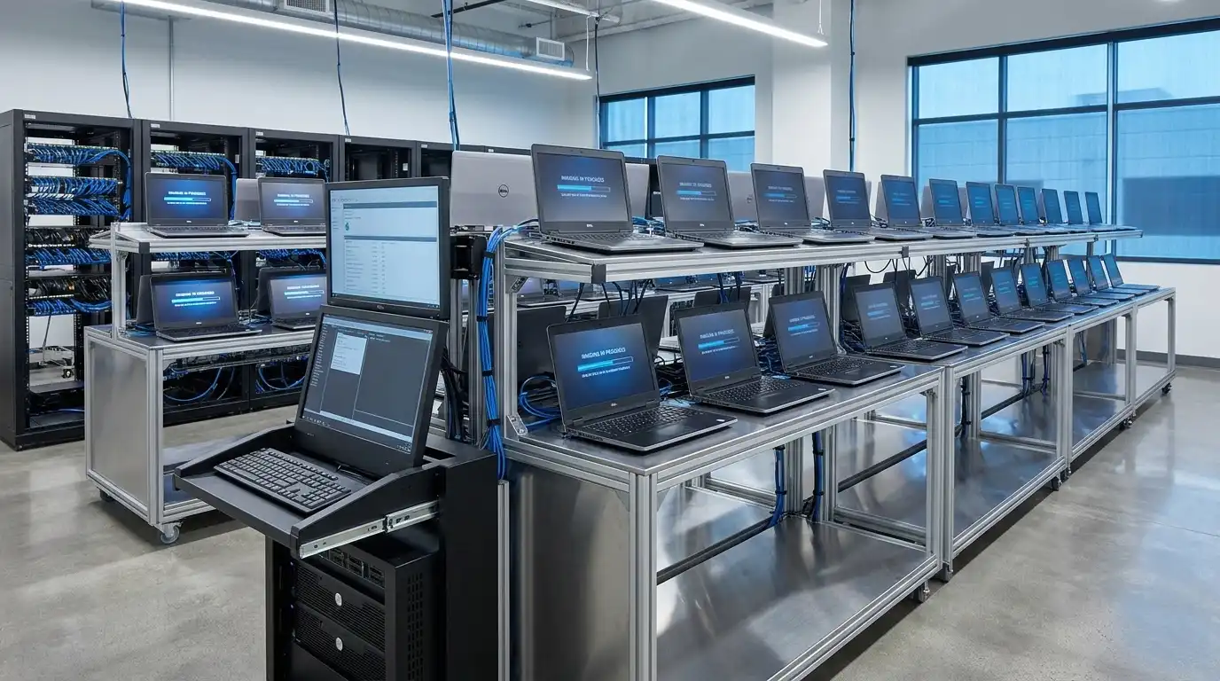 A device imaging and configuration station: rows of identical business laptops being imaged simultaneously on a clean staging rack.