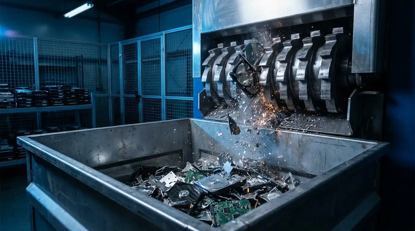 An industrial hard-drive shredder destroying disk drives, shredded metal fragments falling into a steel collection bin.