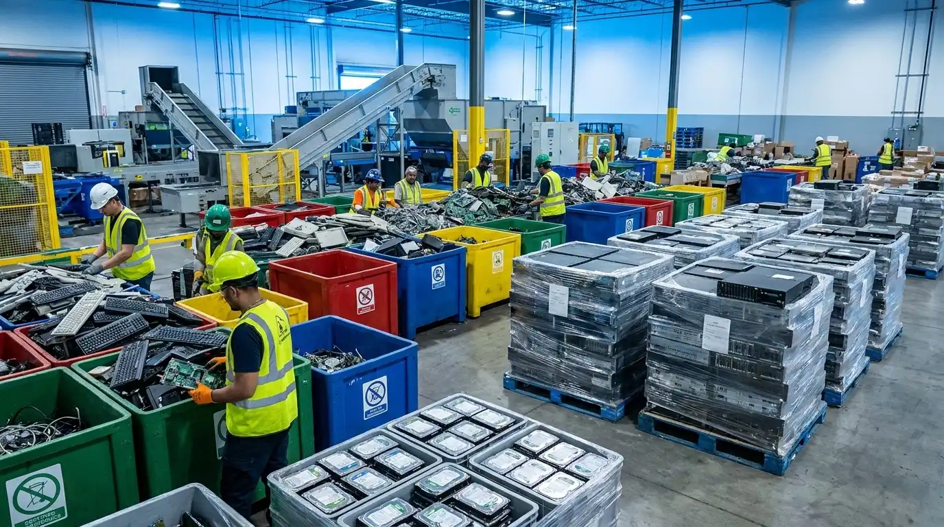 A certified electronics-recycling facility floor: workers in hi-vis sorting retired IT equipment into labeled bins, pallets of drives stacked behind.