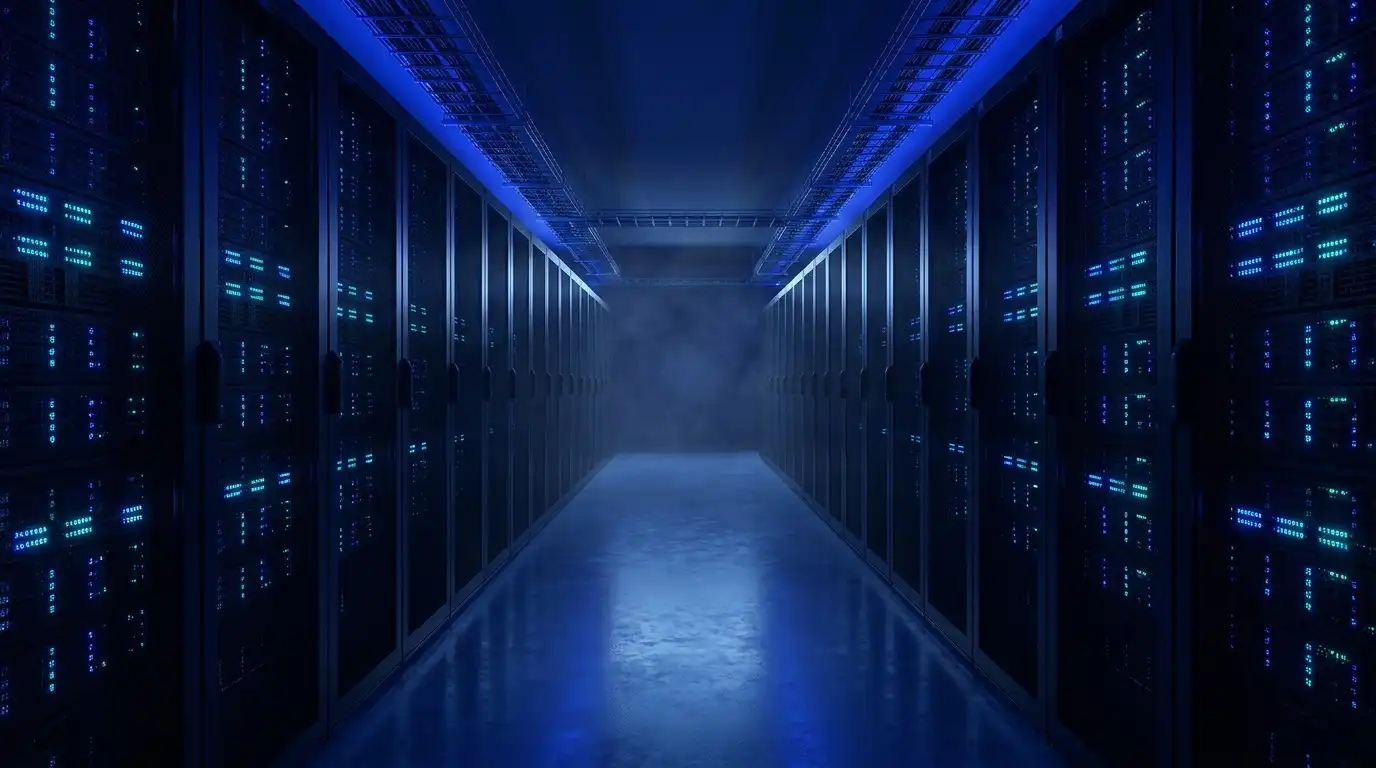A premium data center cold aisle, rows of server racks glowing with blue status lights receding to a vanishing point.