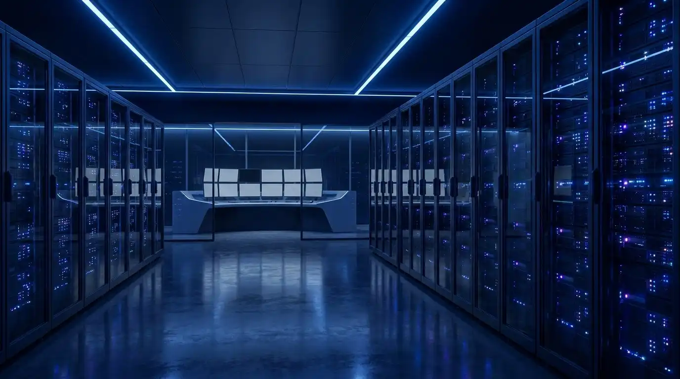 A secure financial-services data center with high-density server racks glowing under deep navy and royal-blue light.