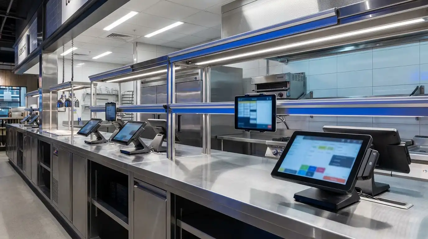 Commercial restaurant technology hardware — point-of-sale terminals and kitchen-display tablets on a stainless-steel counter.