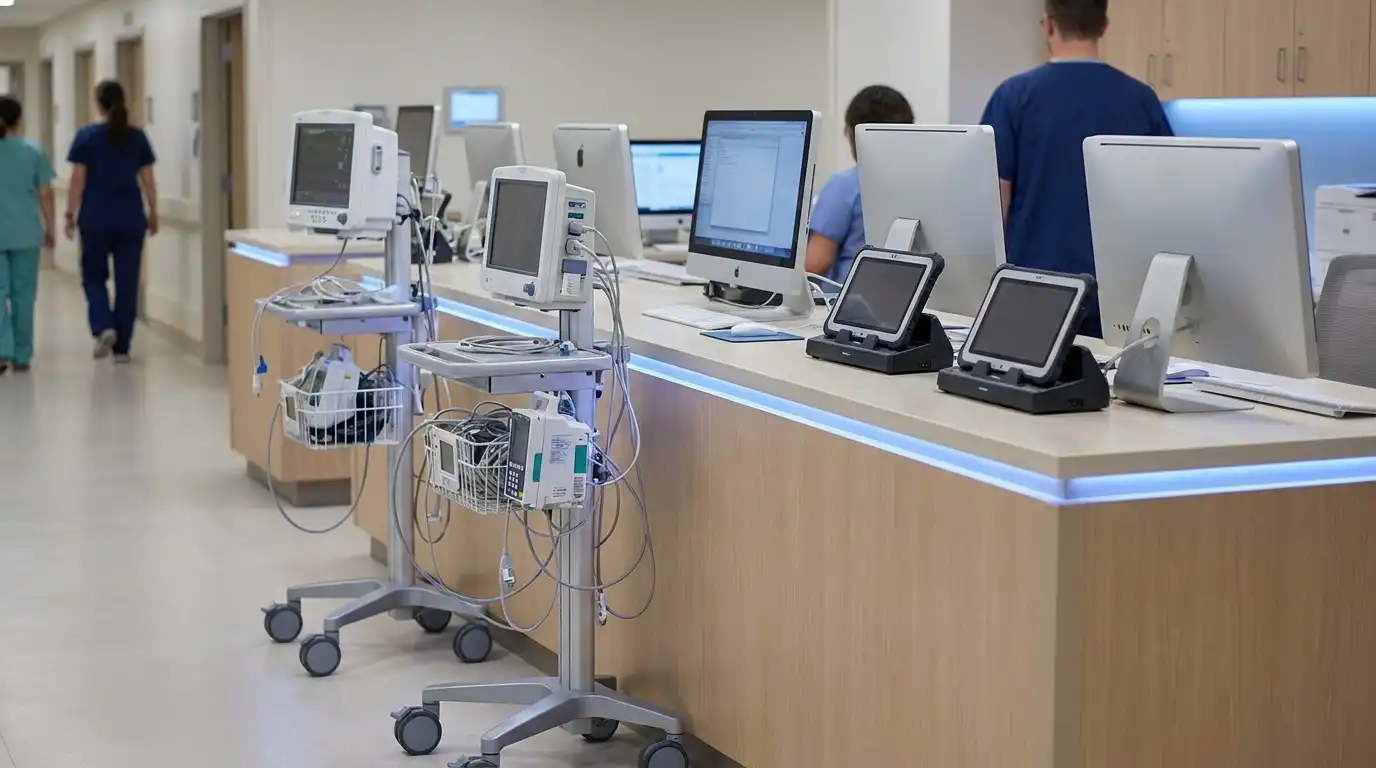 A hospital IT environment: medical-grade computers and tablets at a nursing station with networked patient-monitoring equipment.