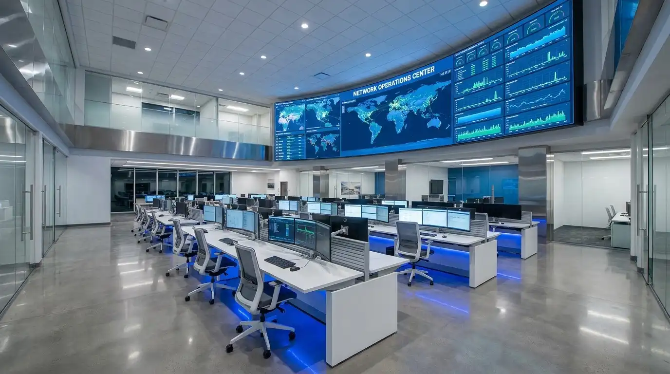 A bright modern network operations center with a large video wall of monitoring dashboards and tidy rows of operator workstations.