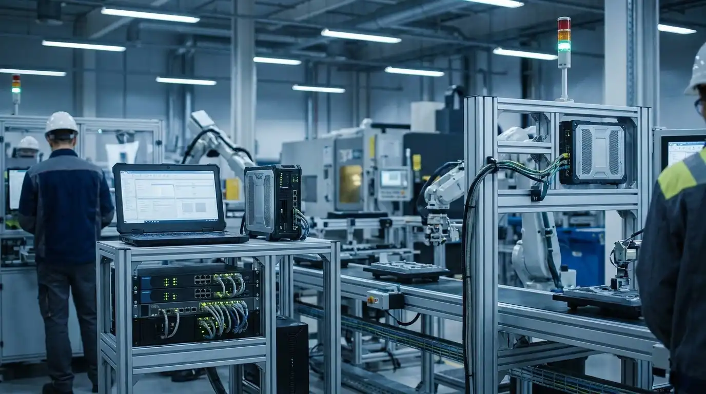 A manufacturing plant floor with ruggedized industrial computers and networking equipment beside automation machinery.