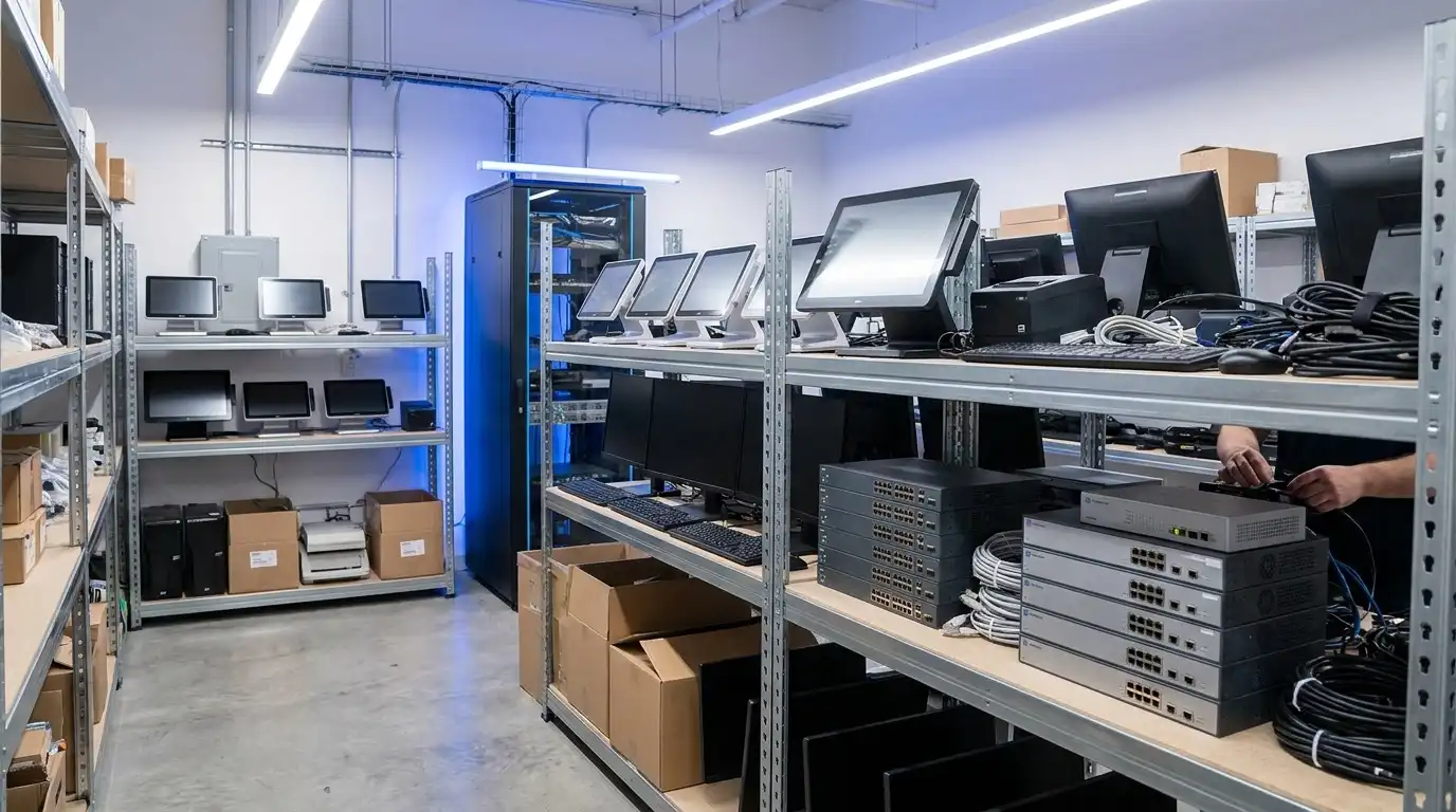 A retail technology back-office and stockroom with point-of-sale terminals and networking hardware on shelving being refreshed.