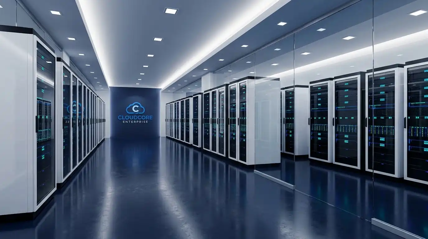 A pristine modern cloud data hall for a software company, rows of glossy server racks with blue LED accents and a reflective floor.