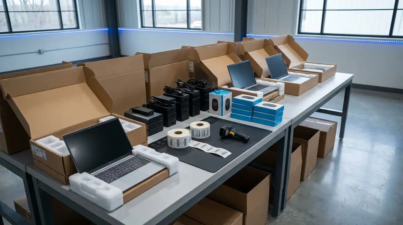 An IT deployment staging bench with new laptops in protective foam, padded shipping boxes, peripherals and printed asset-tag labels.