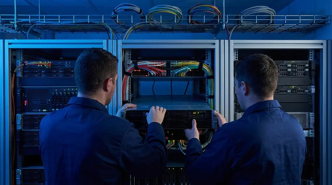 Two IT technicians decommissioning a server rack in a data center, unplugging cables and sliding out servers under navy-blue light.