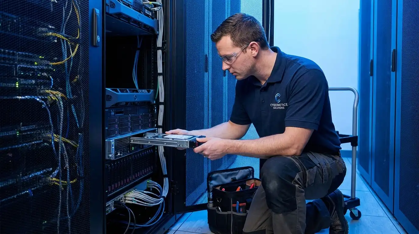 A professional IT technician in a company polo shirt servicing enterprise rack-mounted server hardware, sliding out a hot-swap drive.