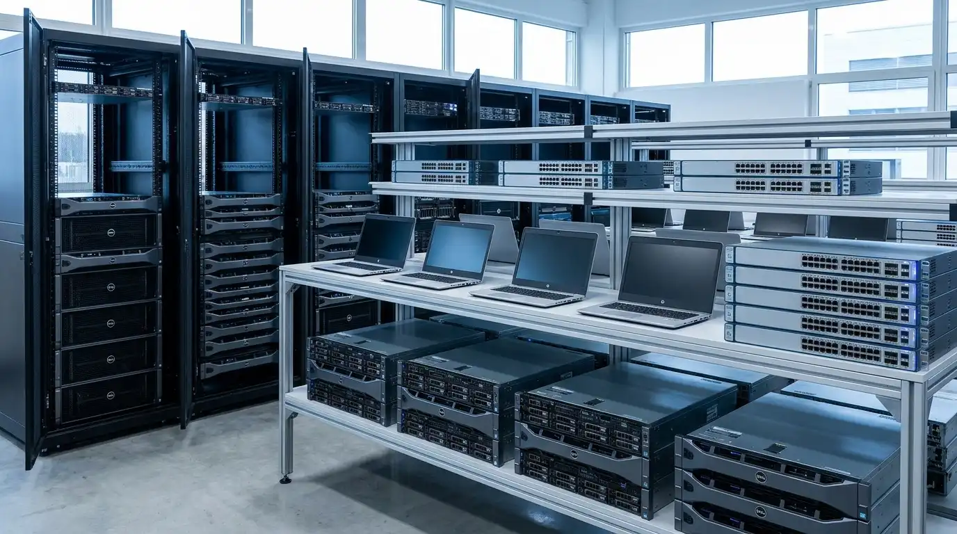 New enterprise IT hardware — rack servers, business laptops and networking switches — arranged neatly in a bright staging area.